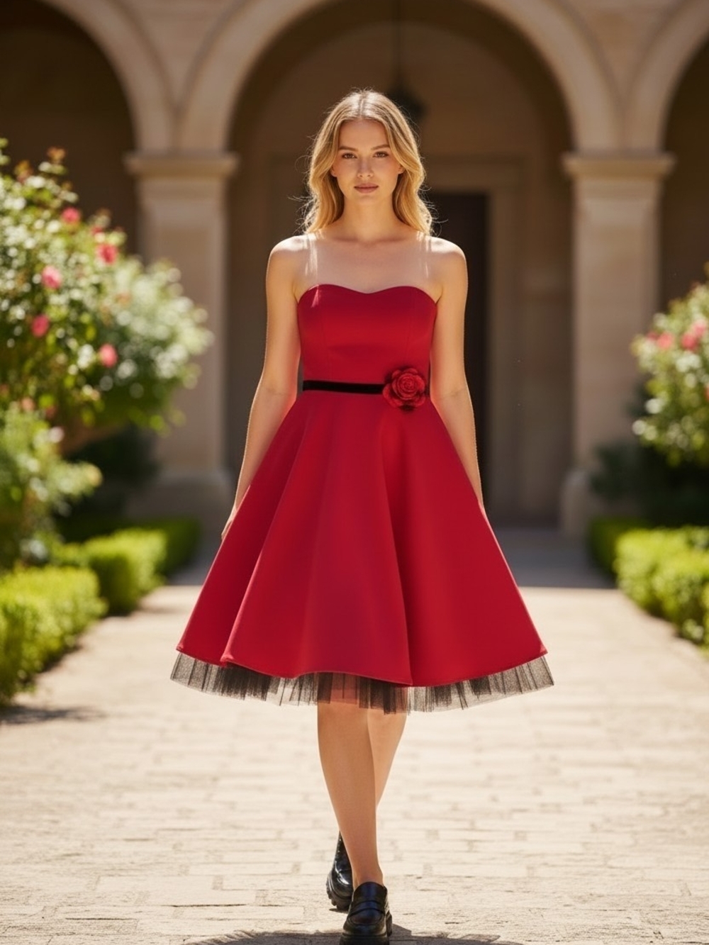 Ruby Rox Red Strapless Fit & Flare Dress Black Tulle Hem Rosette Party Sz 7